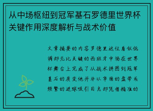 从中场枢纽到冠军基石罗德里世界杯关键作用深度解析与战术价值