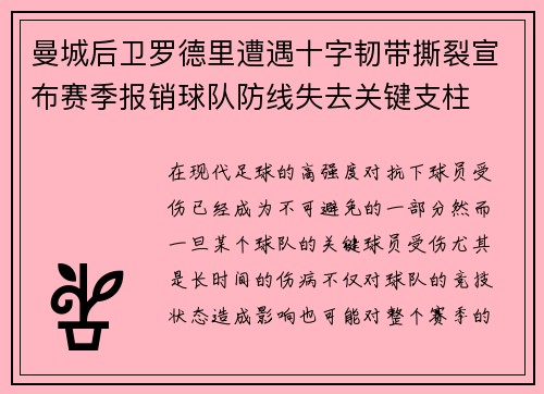 曼城后卫罗德里遭遇十字韧带撕裂宣布赛季报销球队防线失去关键支柱