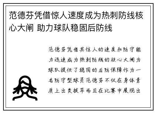 范德芬凭借惊人速度成为热刺防线核心大闸 助力球队稳固后防线